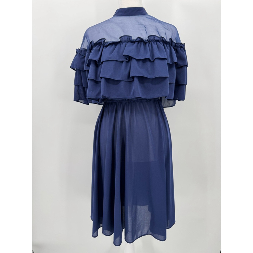 Vintage 80s Midi Party Dress Navy Blue Off Shoulder Layered Ruffles Sheer Yoke